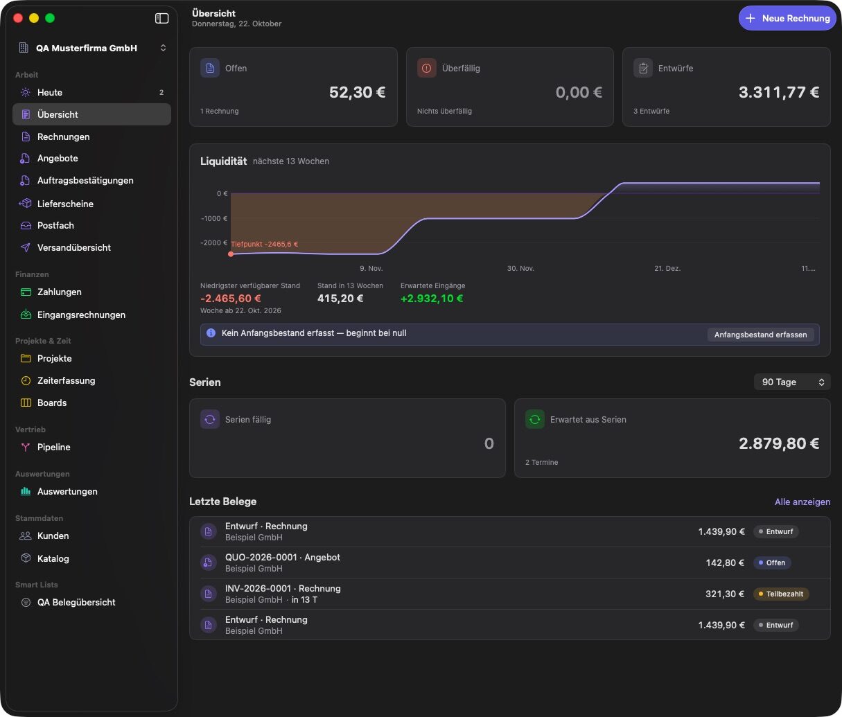 MacBusinessSuite overview with open receivables, income and expenses and a 13 week cash flow forecast