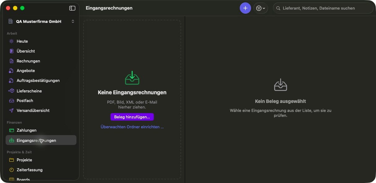 Inbound receipts view ready for PDF, image, XML or mail files