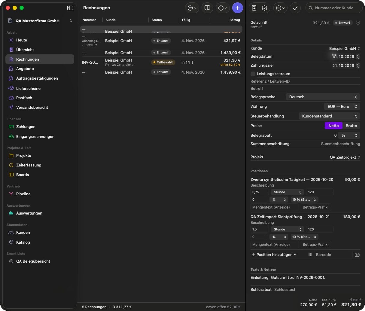 Invoice list with drafts and partly paid invoices next to the editor of a credit note