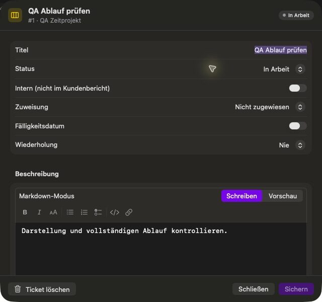Ticket sheet with title, status, assignment and a Markdown description