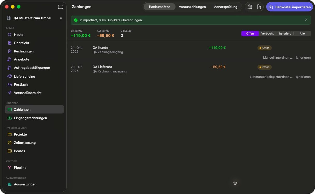 Imported bank transactions with totals and buttons to assign them to invoices