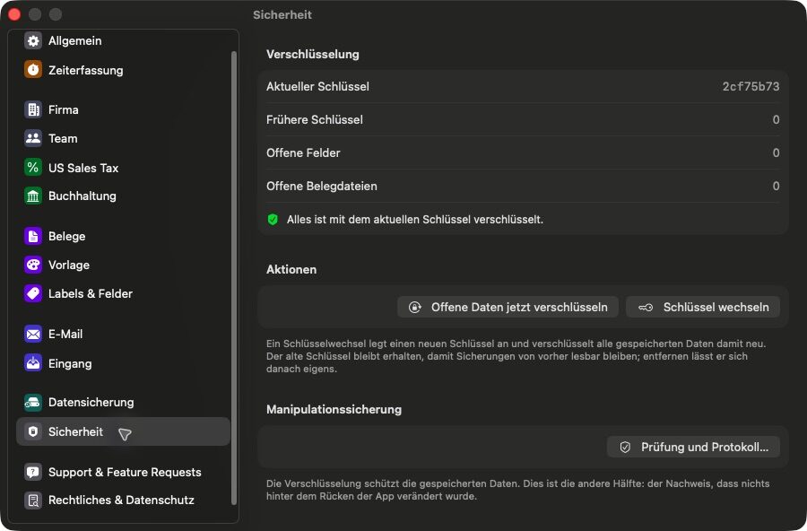 Security settings with encryption status, key rotation and tamper protection