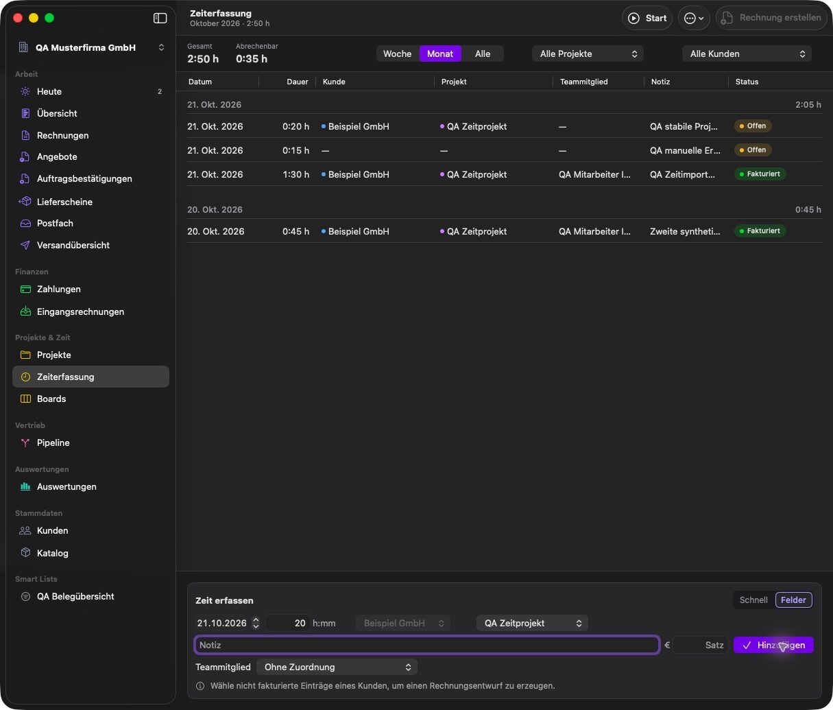 Time tracking list with entries per day, their status and the entry bar at the bottom